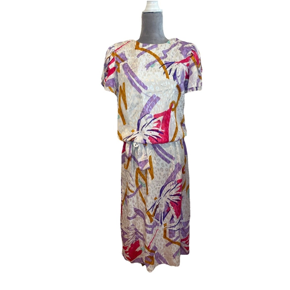 Vintage‎ 80s Silky Flowy Floral Polyester Midi Dress Sz 10 Career Golden Girls
